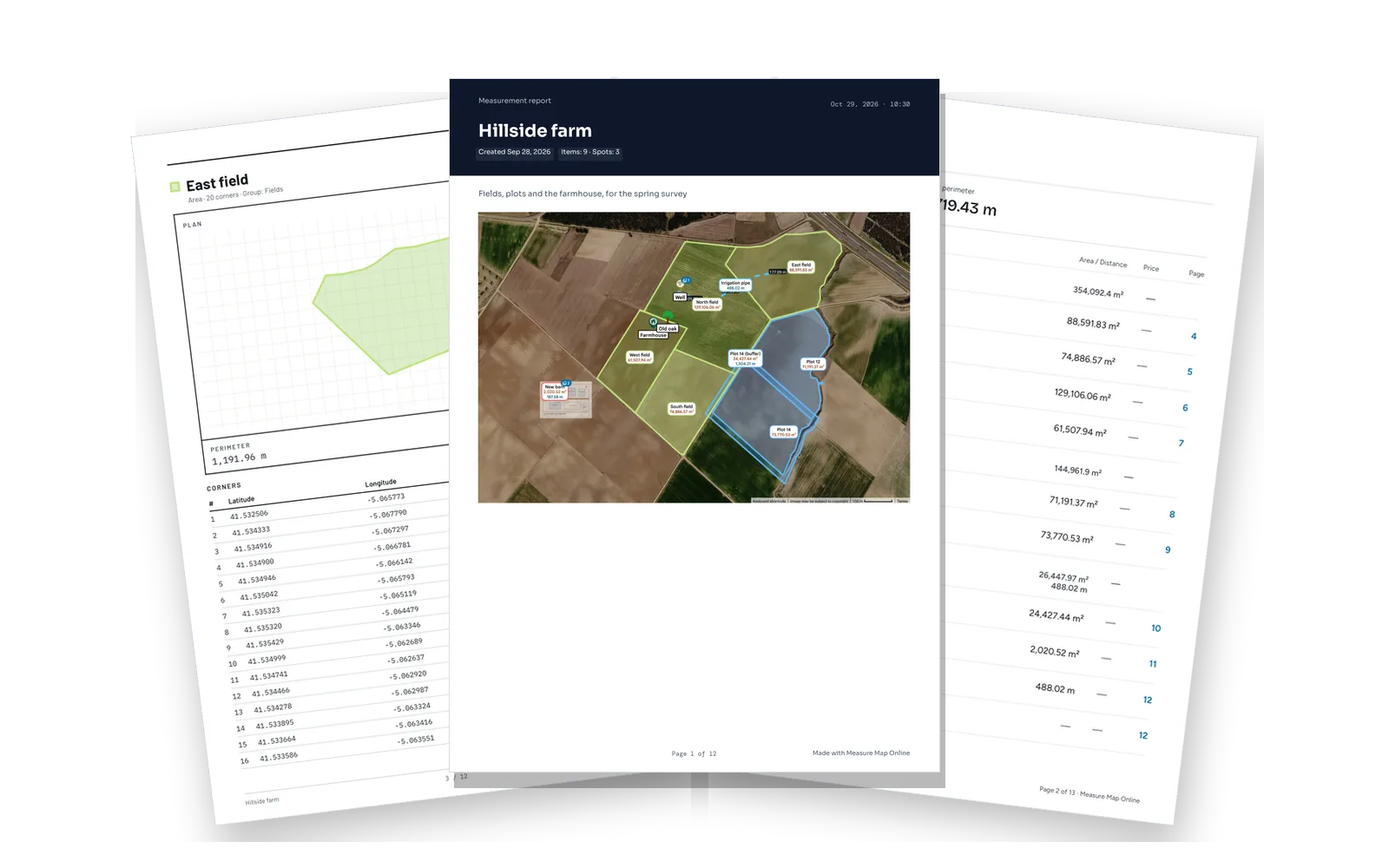 PDF reports of the same farm in the three designs: the map, the index of measurements and the plan of a field